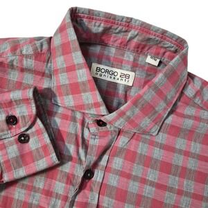 Borgo 28 ognissanti Button Up Shirt Men Medium Red Grey Plaid Long Sleeve Cotton
